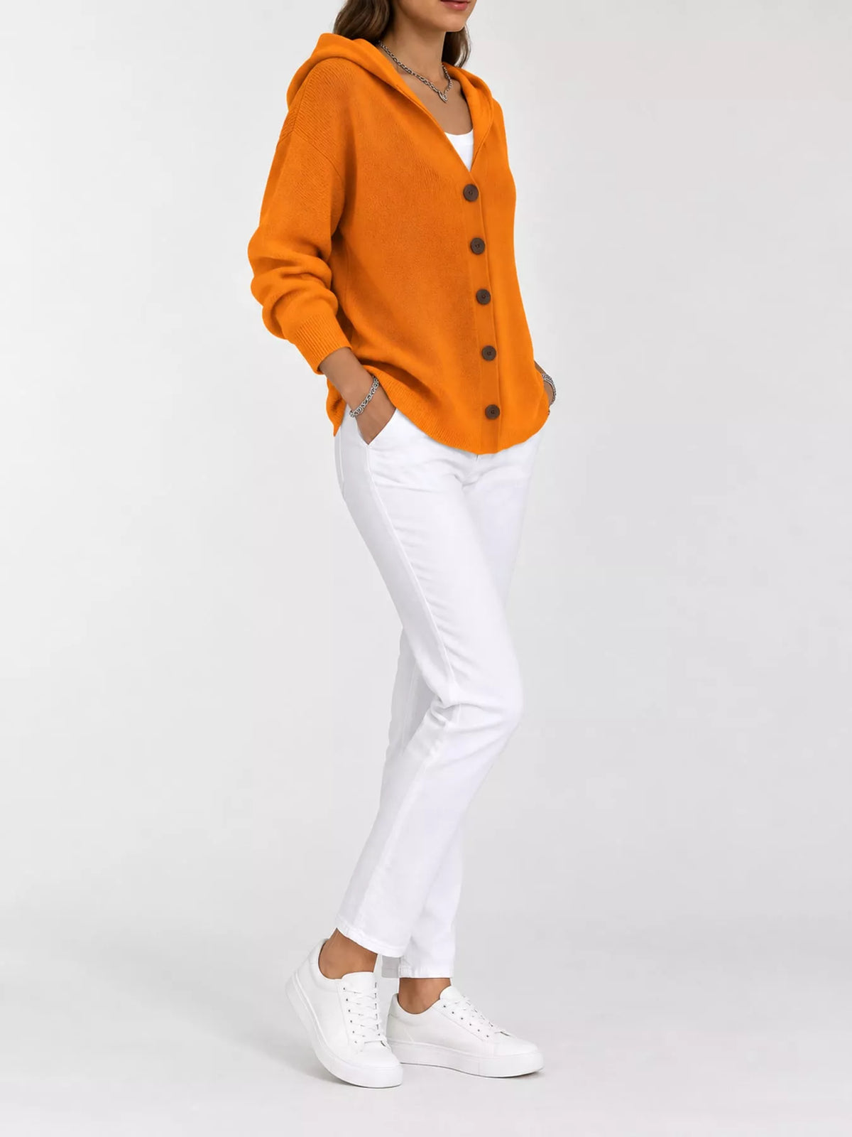 Full Size Hooded Button-Down Knit Cardigan Plus Size - Orange - View 34