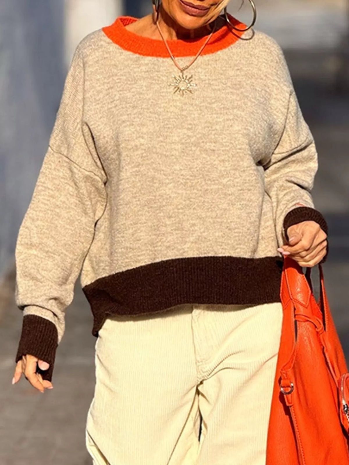 Contrast Trim Crew Neck Sweater - Orange - View 3