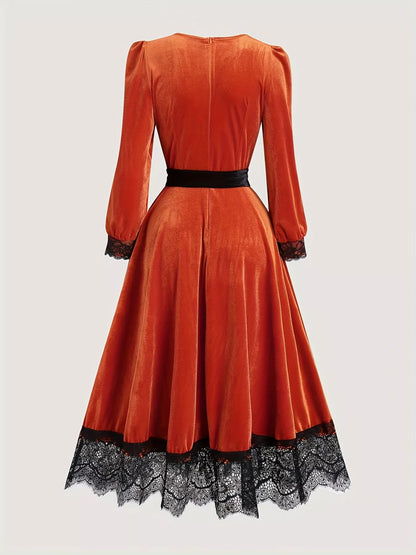 Velvet V-Neck Lace Trim Midi Dress with Waist Tie - Orange Red - View 3