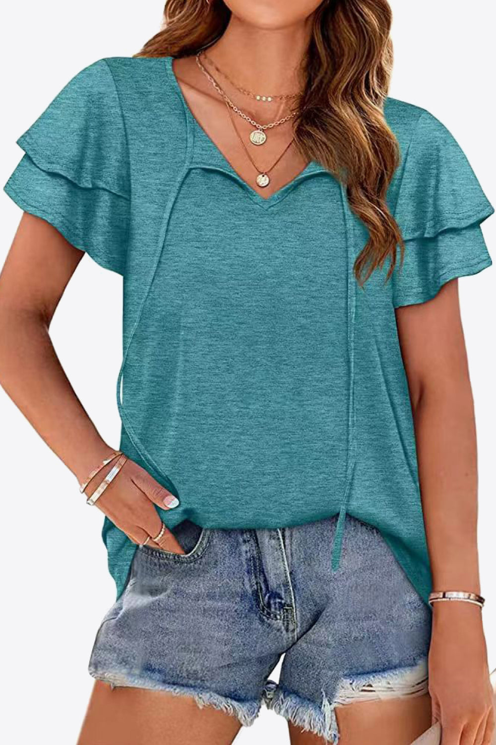 Tie-Neck Layered Flutter Sleeve Blouse - Air Force Blue - View 16