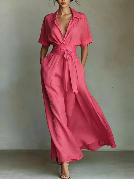 Collared Neck Maxi Shirt Dress - Hot Pink - View 1