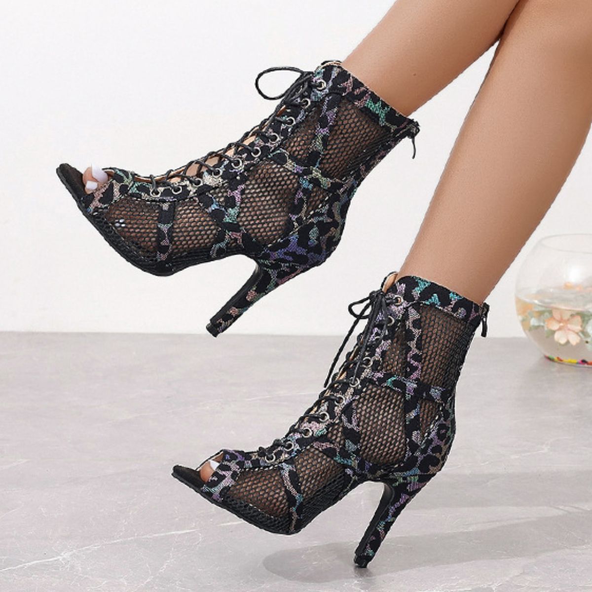 Lace-Up High Heel Sandals - Black - View 2