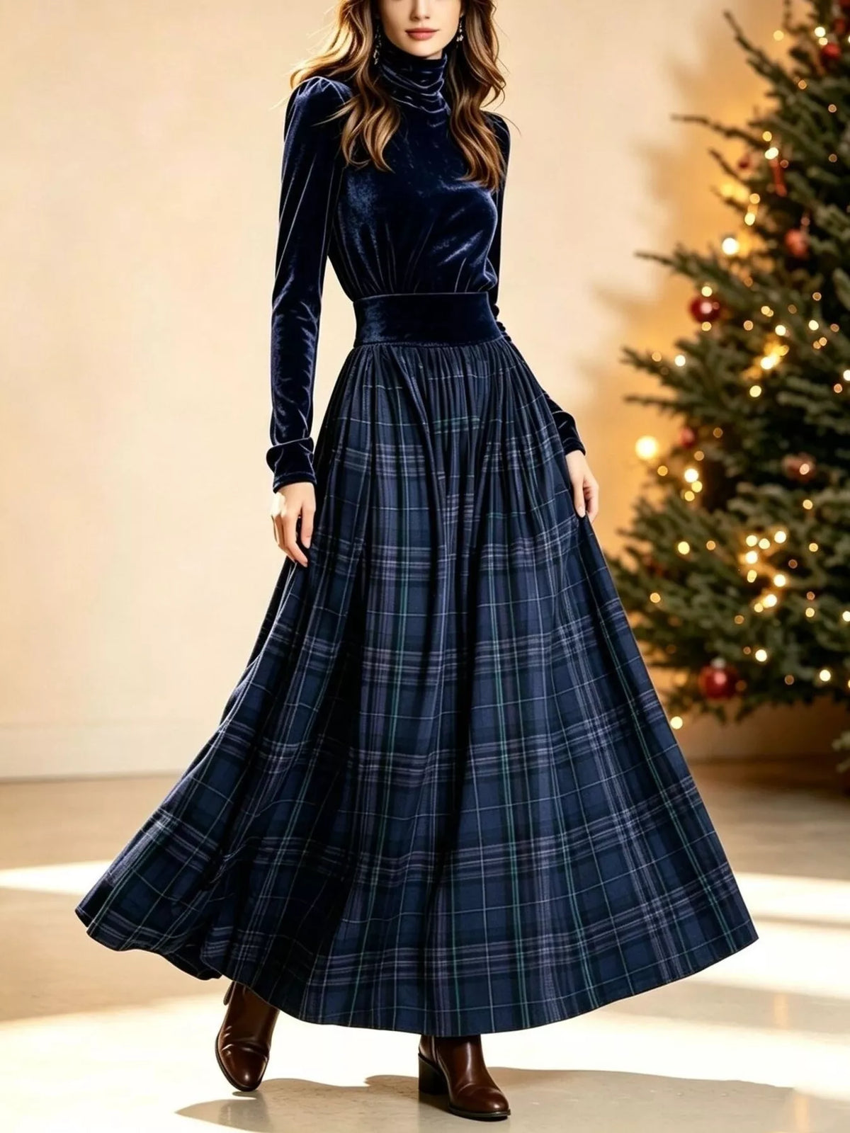 Velvet Turtleneck Top and Plaid Maxi Skirt Two-Piece Set - Navy - View 7