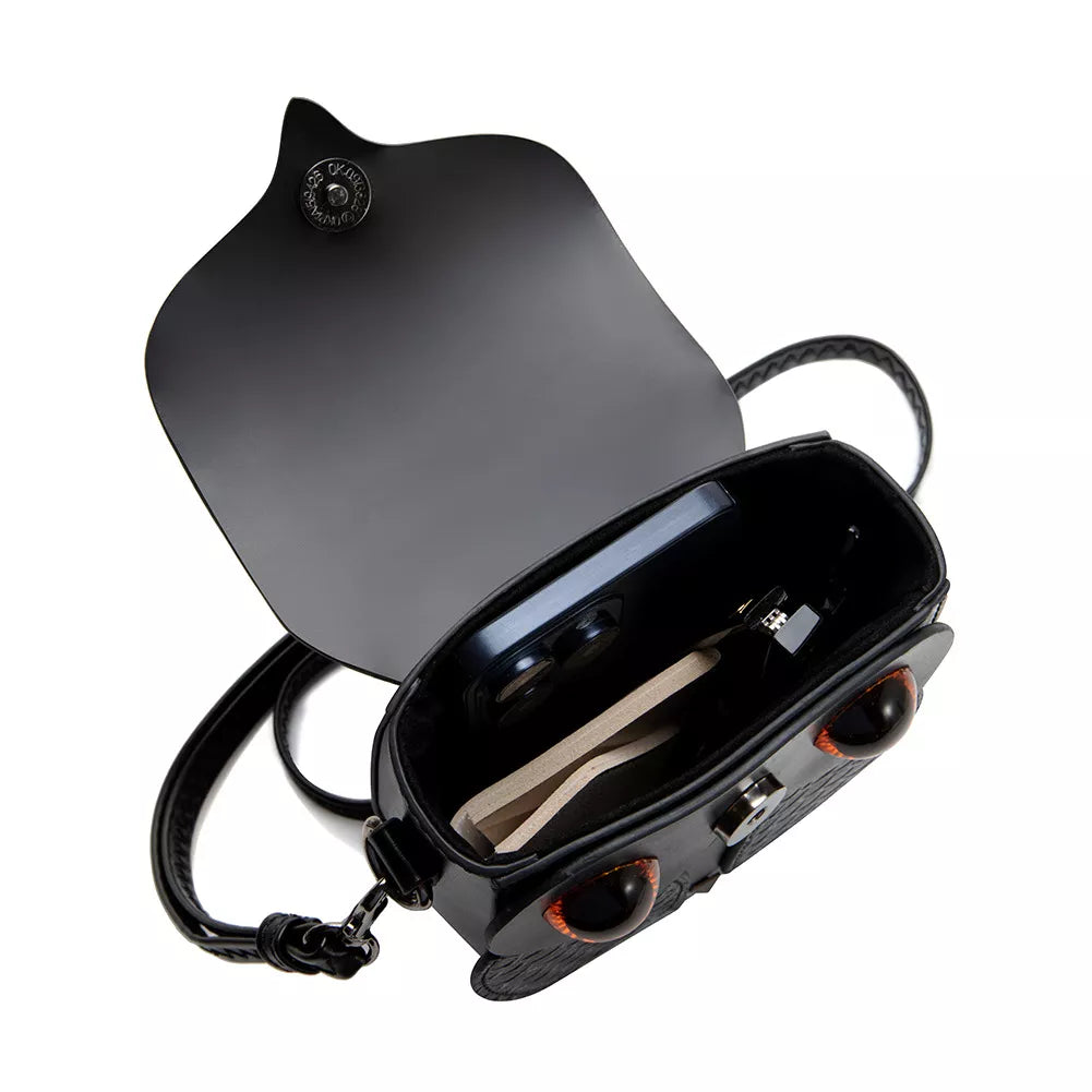 Owl Design Leather Crossbody Bag - Black - View 9