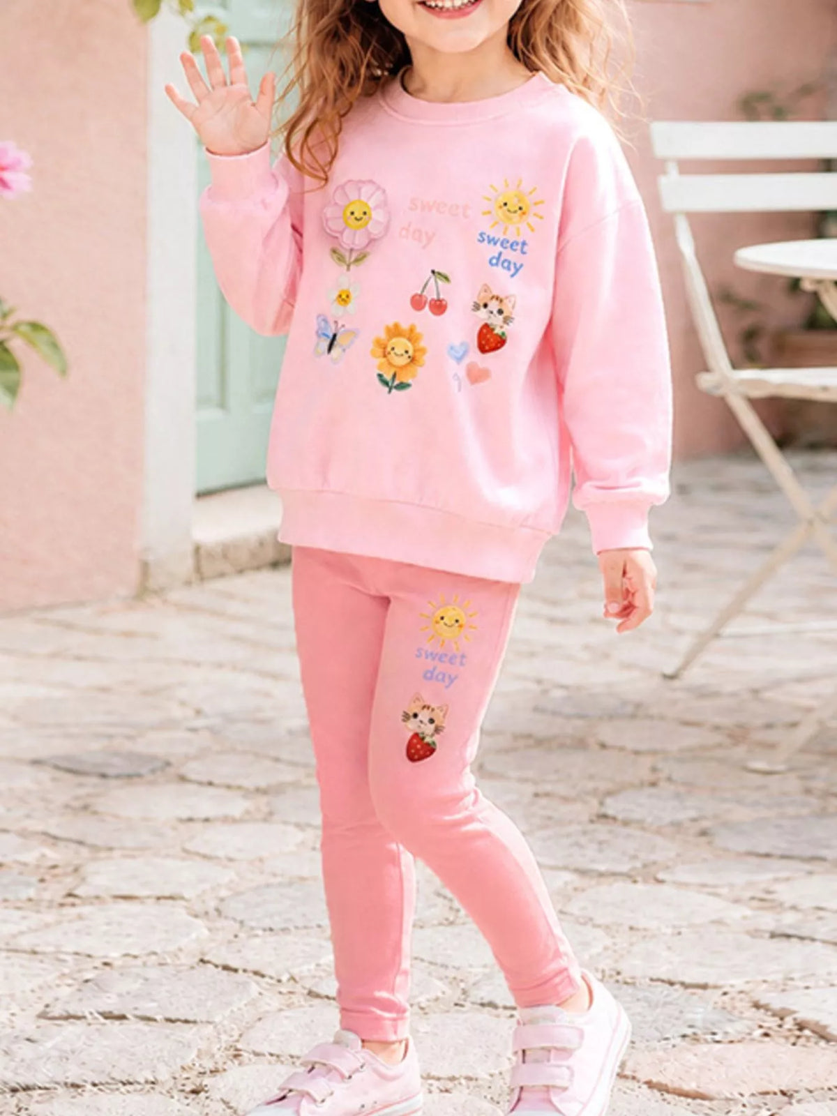 Children's Sweet Day Graphic Sweatshirt and Leggings Two-Piece Set - Blush Pink - View 1