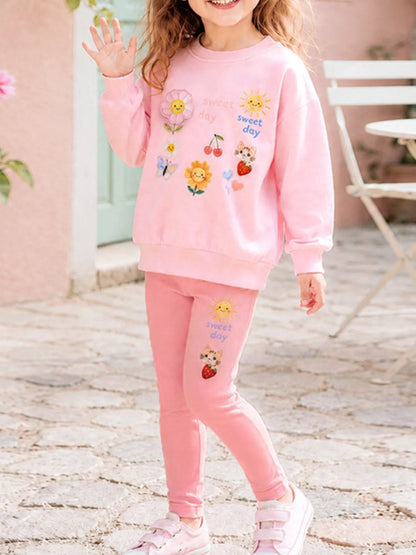 Children's Sweet Day Graphic Sweatshirt and Leggings Two-Piece Set - Blush Pink - View 1