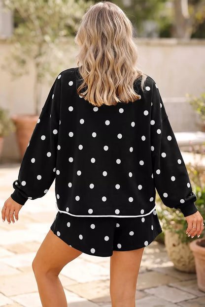 Polka Dot Raw Hem Relaxed Pullover Loose Skort Two Piece Set - Black - View 2