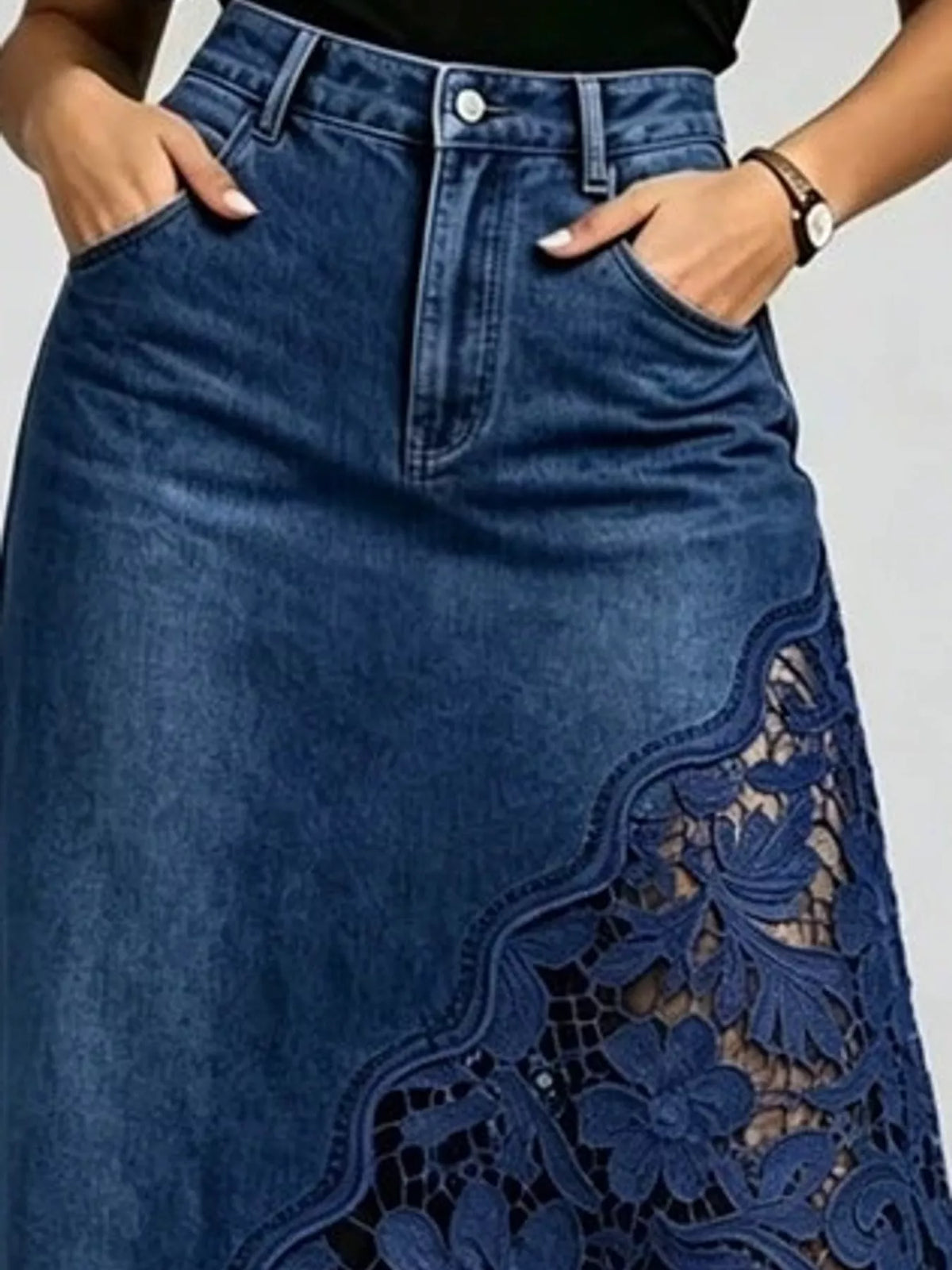 Full Size High-Waisted Lace Denim Skirt Plus Size - Dark Blue - View 11