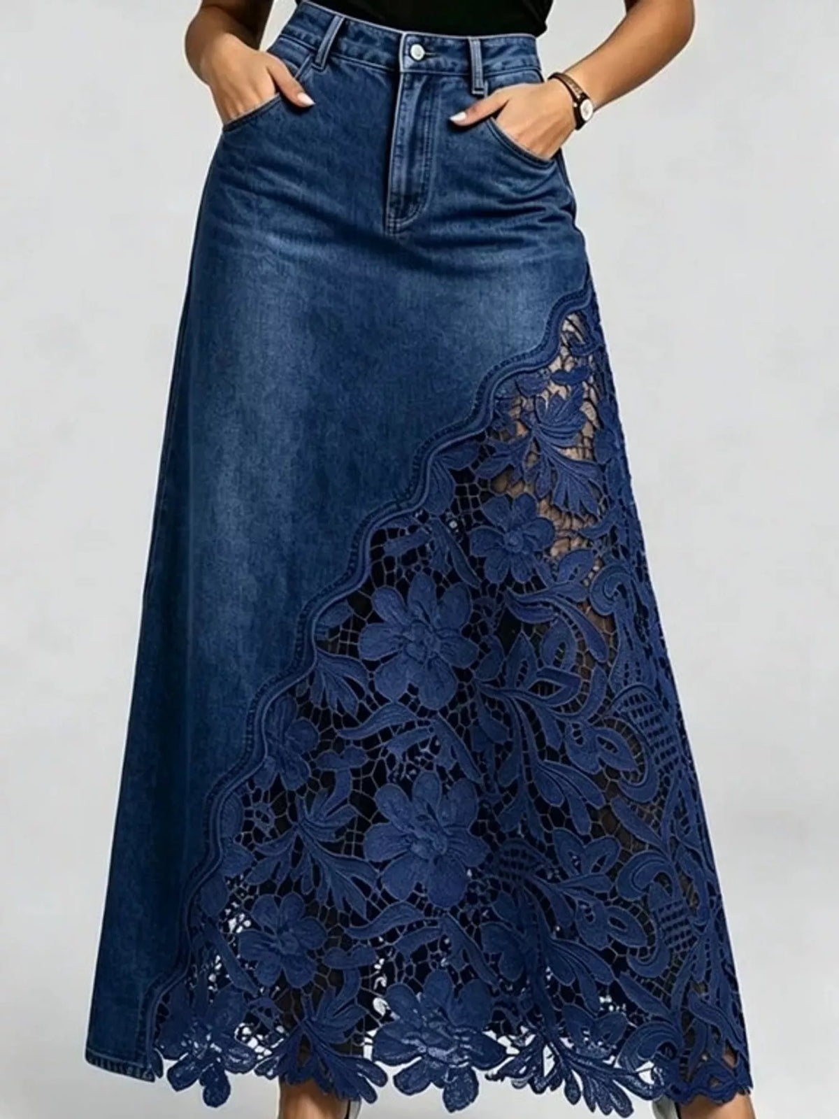 Full Size High-Waisted Lace Denim Skirt Plus Size - Dark Blue - View 10