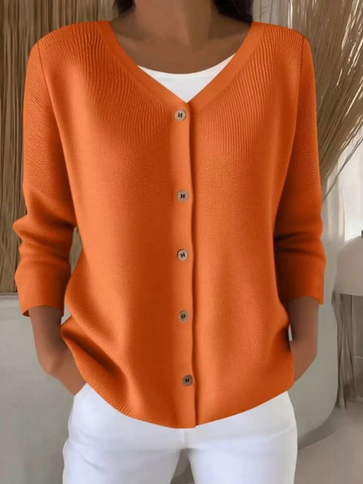 V-Neck Button-Down Ribbed Knit Cardigan - Orange - View 1