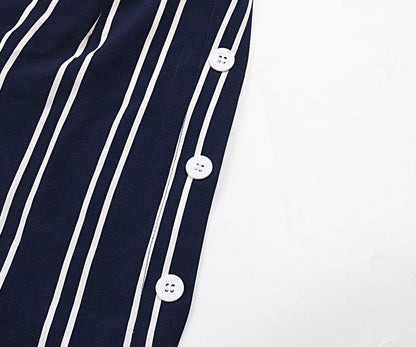 Perfee Striped Slit Wide Leg Pants - Dark Blue - View 10