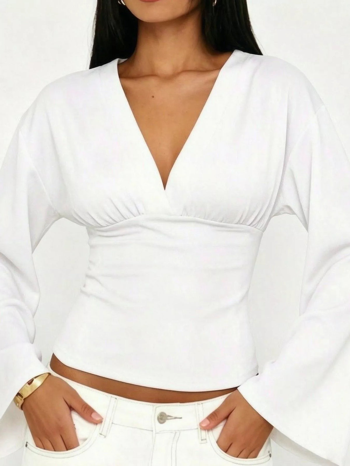 V-Neck Flare Sleeve Blouse - White - View 1
