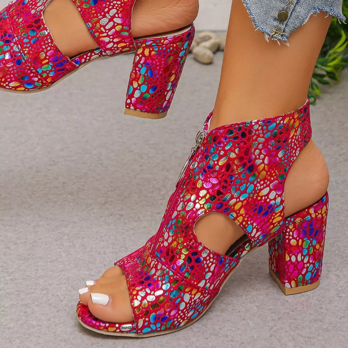 Open Toe Block Heels Sandals - Red - View 2