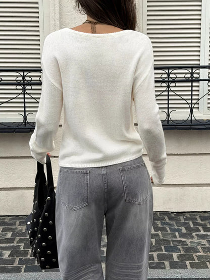 Boat Neck Dropped Shoulder Sweater - White - View 5