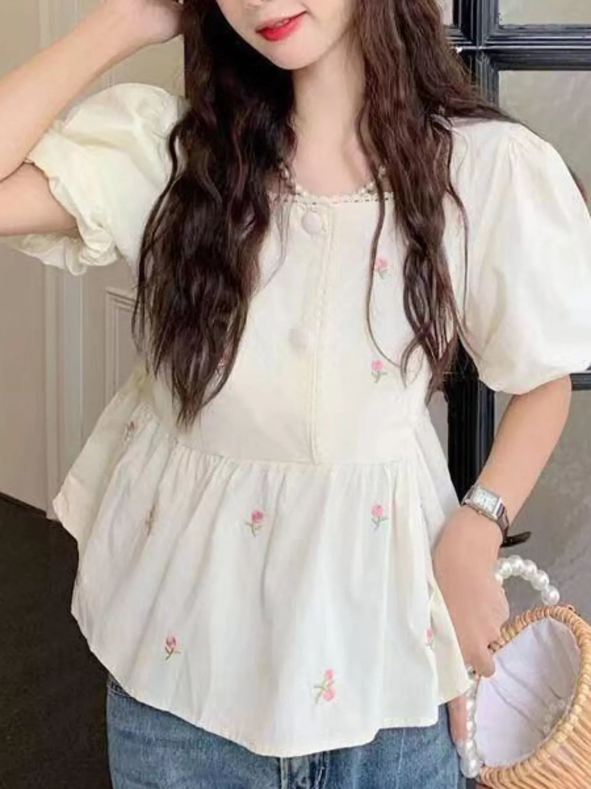 Floral Embroidered Puff Sleeve Peplum Blouse - Picture Color - View 8