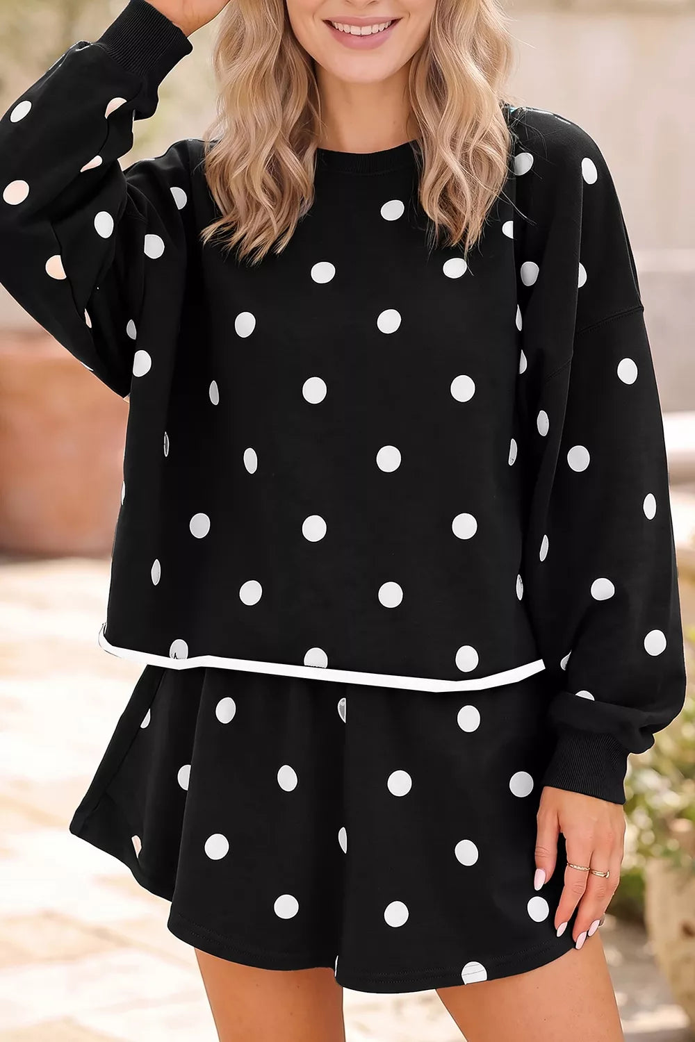 Polka Dot Raw Hem Relaxed Pullover Loose Skort Two Piece Set - Black - View 1