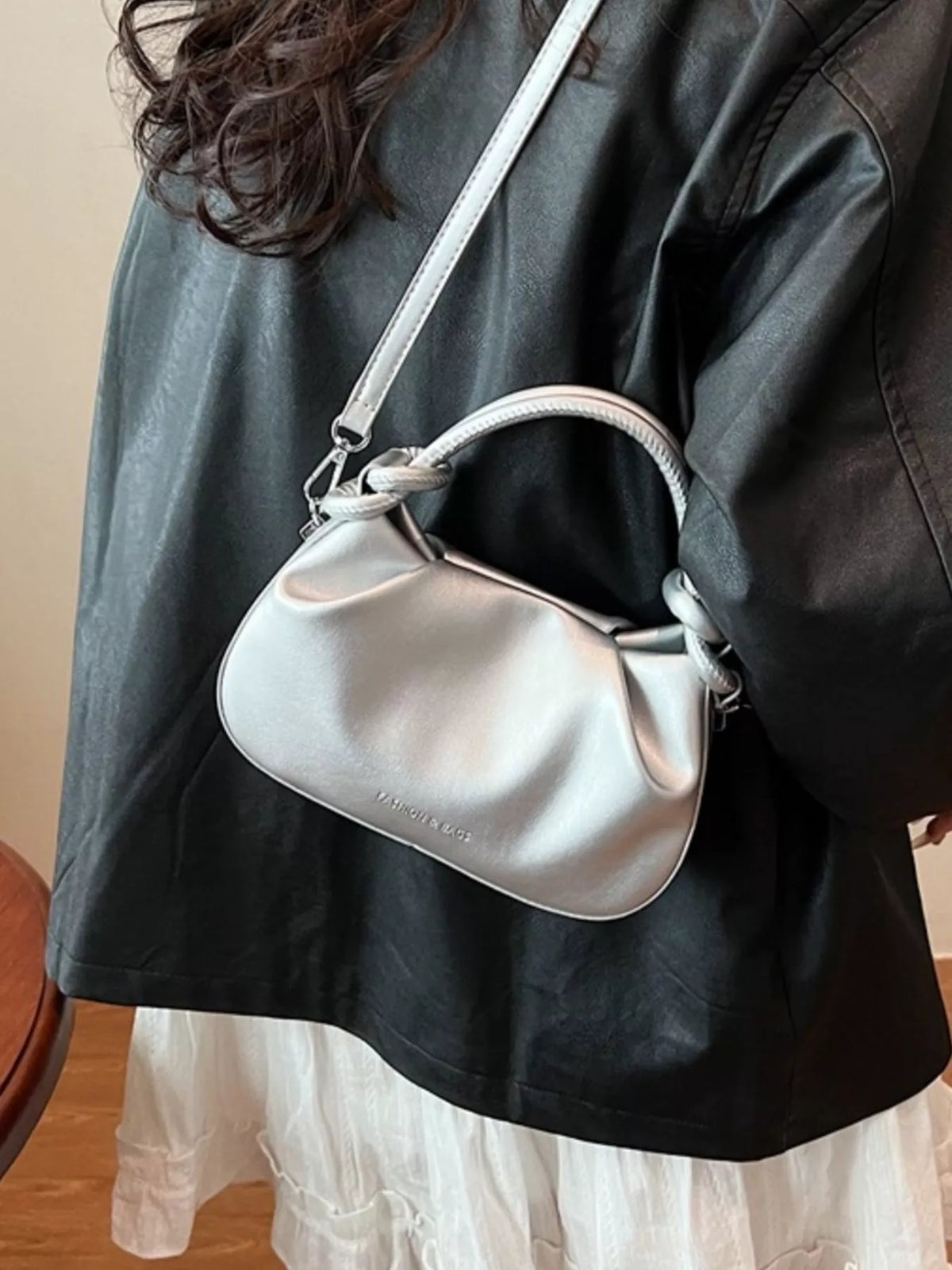 Knot Handle Ruched Crossbody Bag - Gray - View 9
