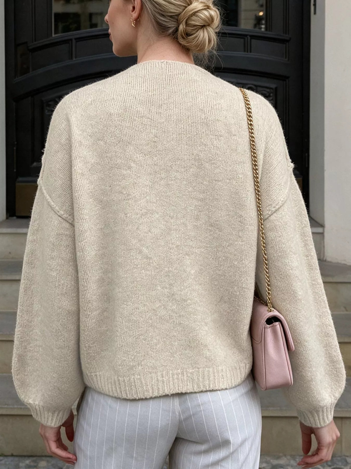 Open Front Dropped Shoulder Cardigan - Beige - View 6