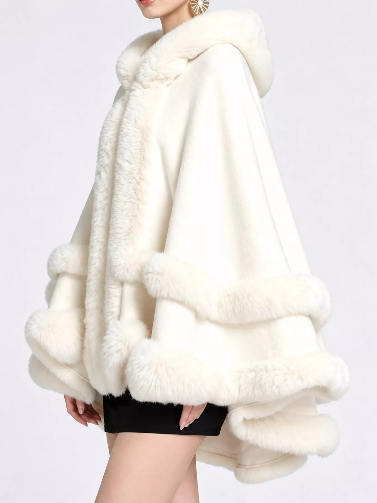 Faux Fur Trimmed Hooded Cape - White - View 45