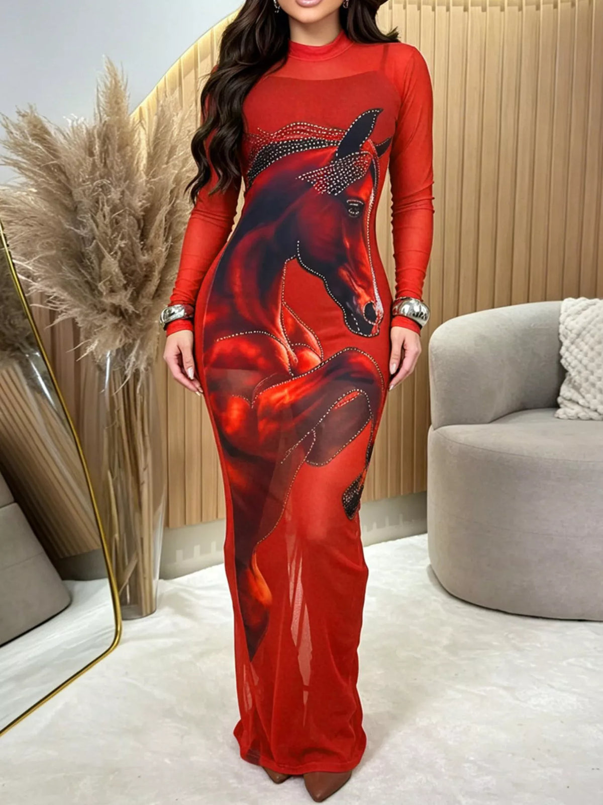 Cami Dress and Rhinestone Horse Mesh Maxi Dress Set - Red - View 7