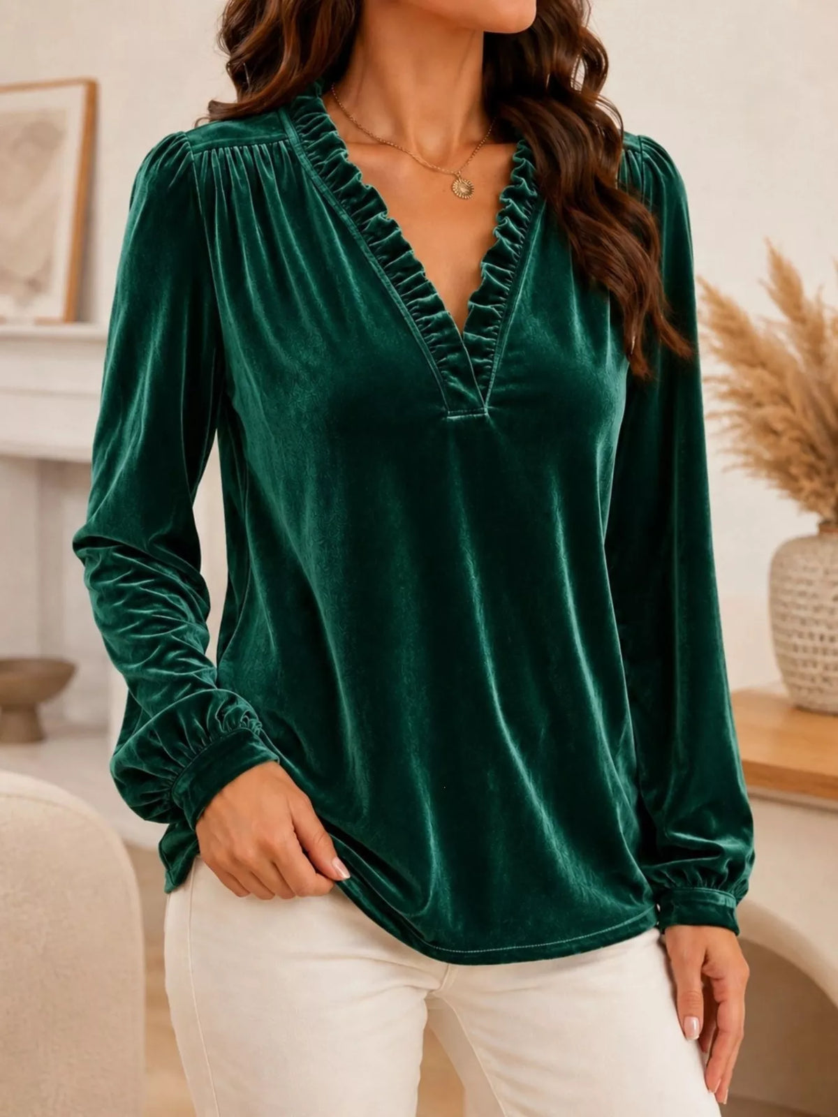 V-Neck Ruffle Trim Velvet Blouse - Dark Green - View 1