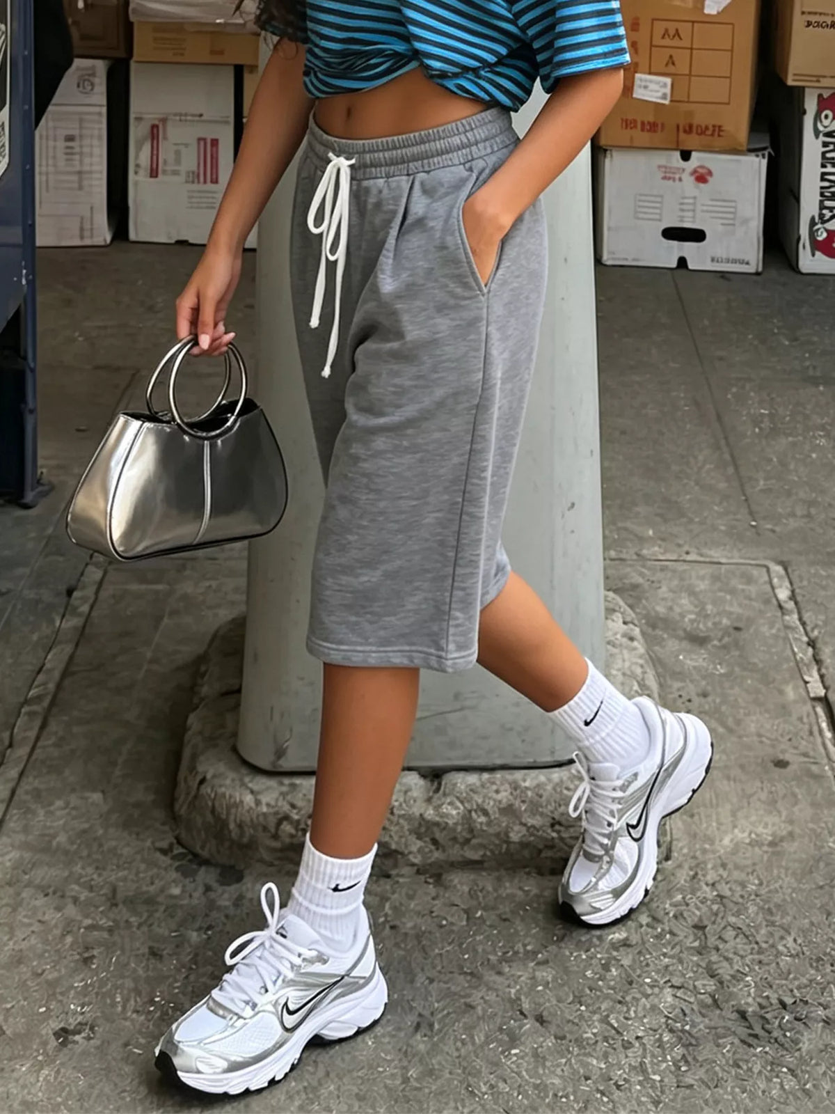 High-Waisted Drawstring Casual Shorts - Gray - View 3