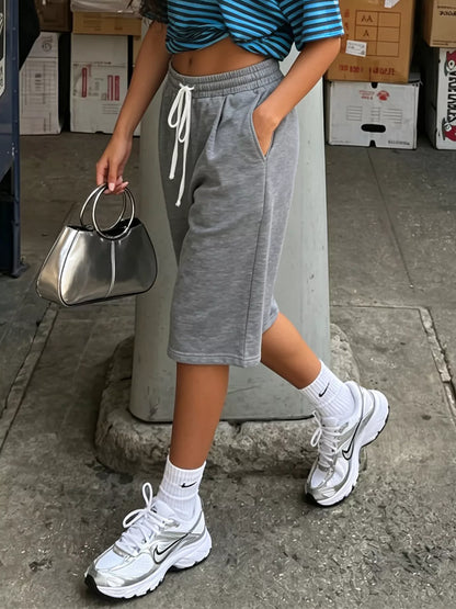 High-Waisted Drawstring Casual Shorts - Gray - View 3