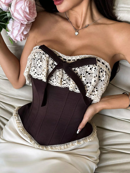 Crochet Lace Strapless Boned Corset Lace‑Up Waist Cincher Tube Top - Brown - View 3