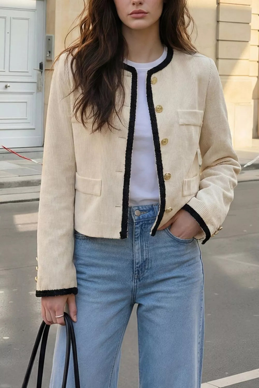 Contrast Trim Cropped Outerwear - Beige - View 1