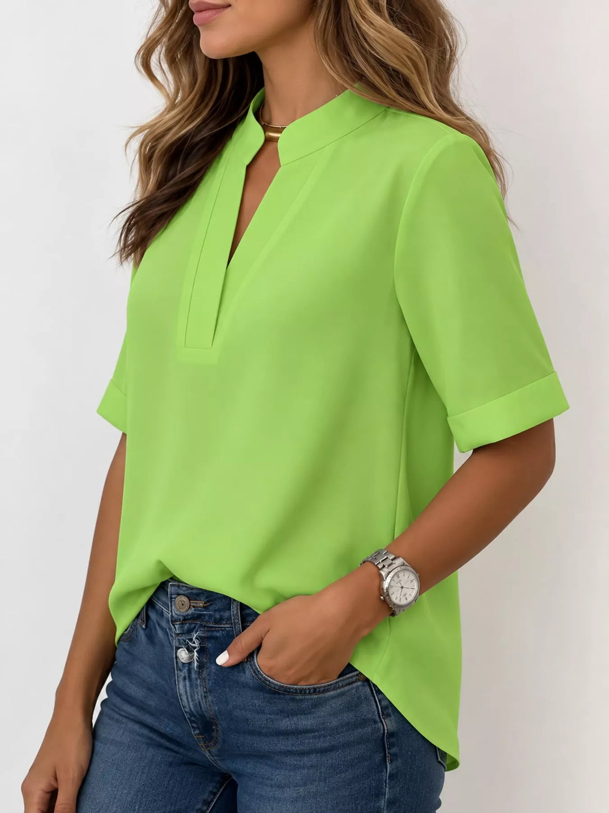 Full Size Notched Short Sleeve Blouse Plus Size - Green - View 23