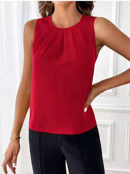 Pleated Round Neck Tank - Red - View 3