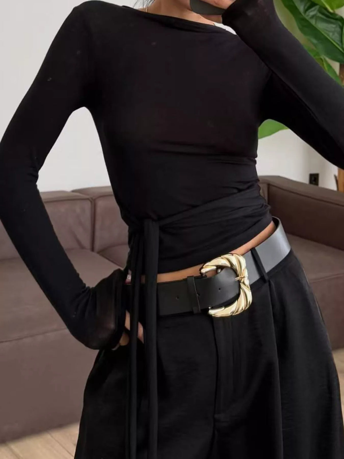 Mock Neck Long Sleeve T-Shirt - Black - View 3