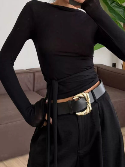 Mock Neck Long Sleeve T-Shirt - Black - View 3