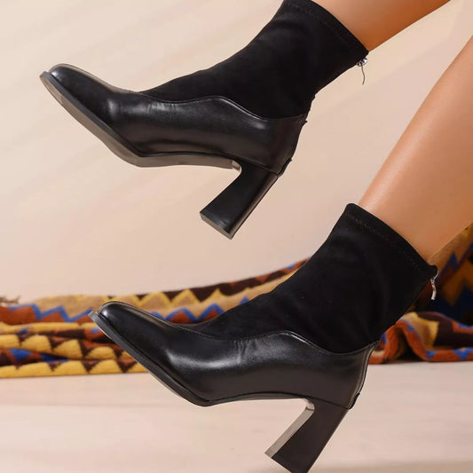 Square Neck Block Heel Boots - Black - View 2