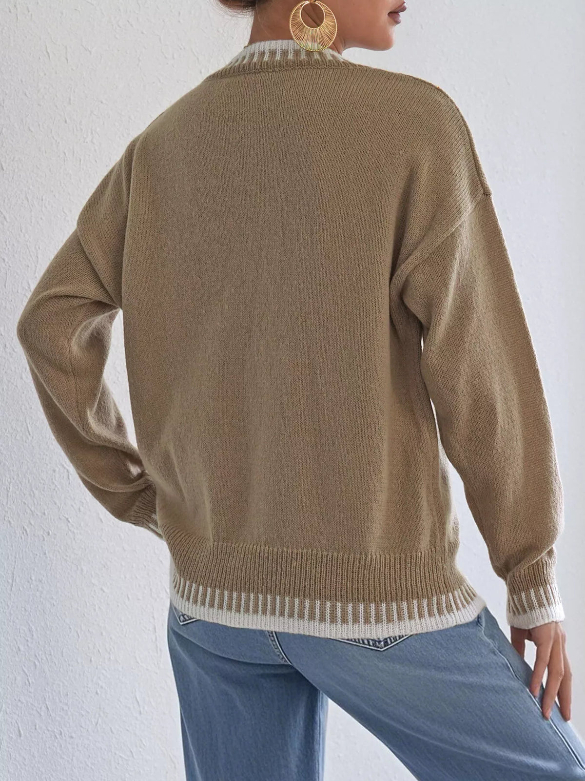 Contrast Trim Crew Neck Drop Shoulder Sweater - Camel - View 6