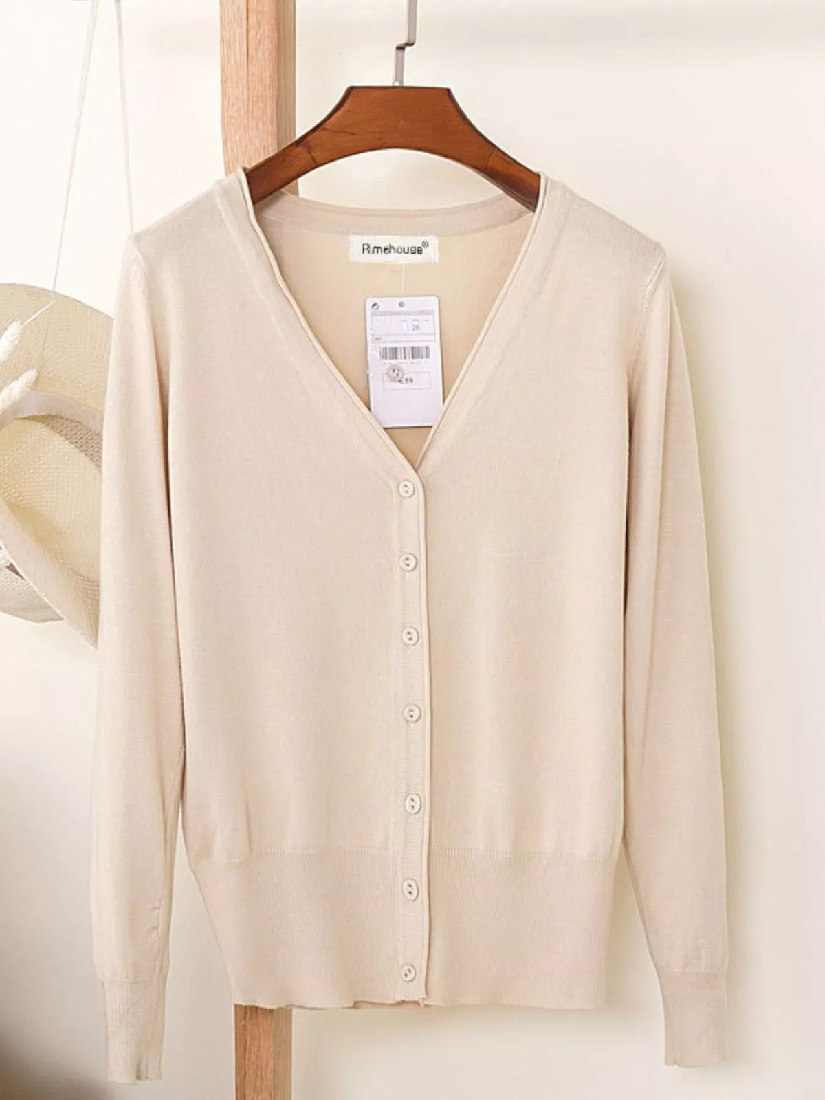 Classic V-Neck Button-Down Knit Cardigan - Apricot - View 12