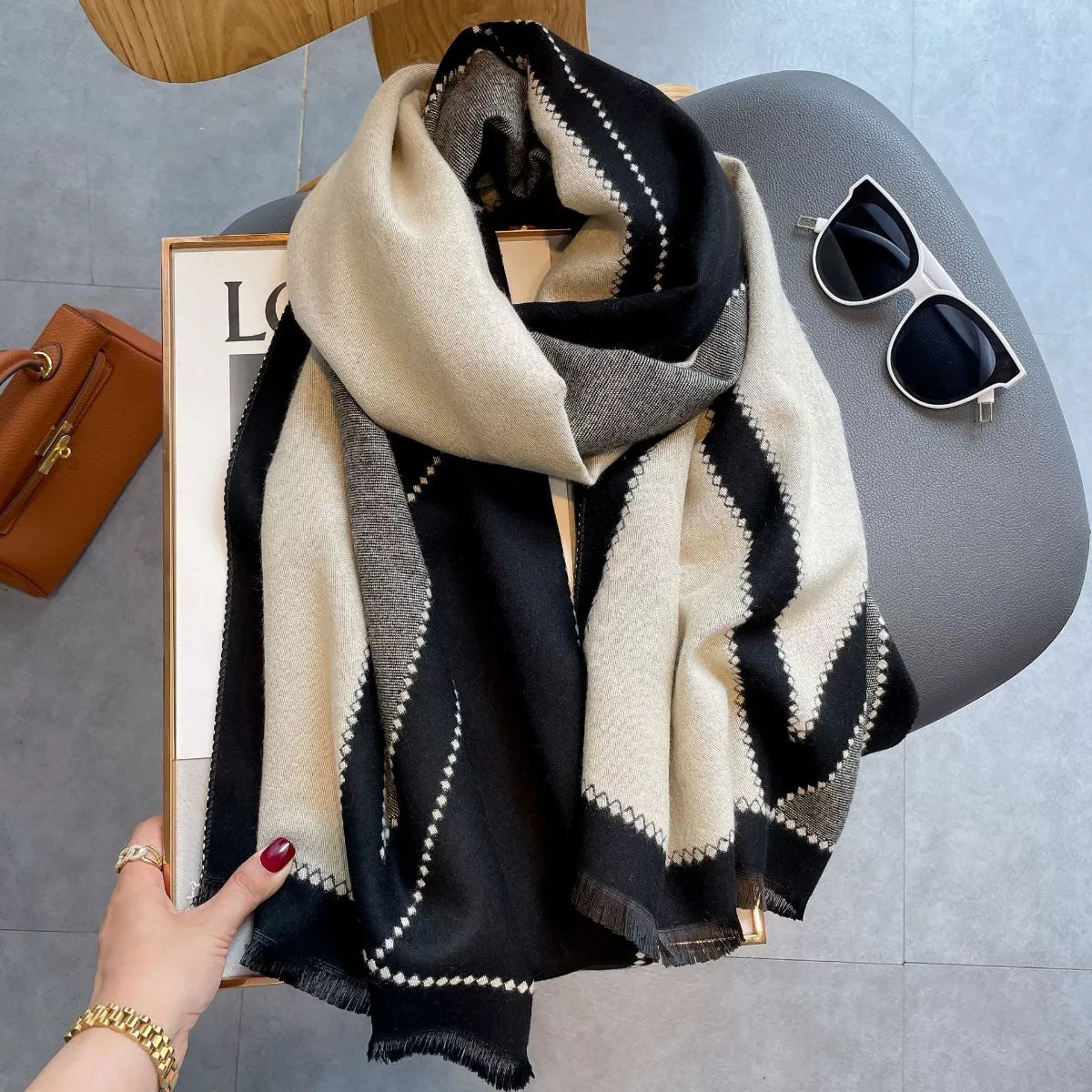 Raw Hem Contrast Scarf - Black - View 2