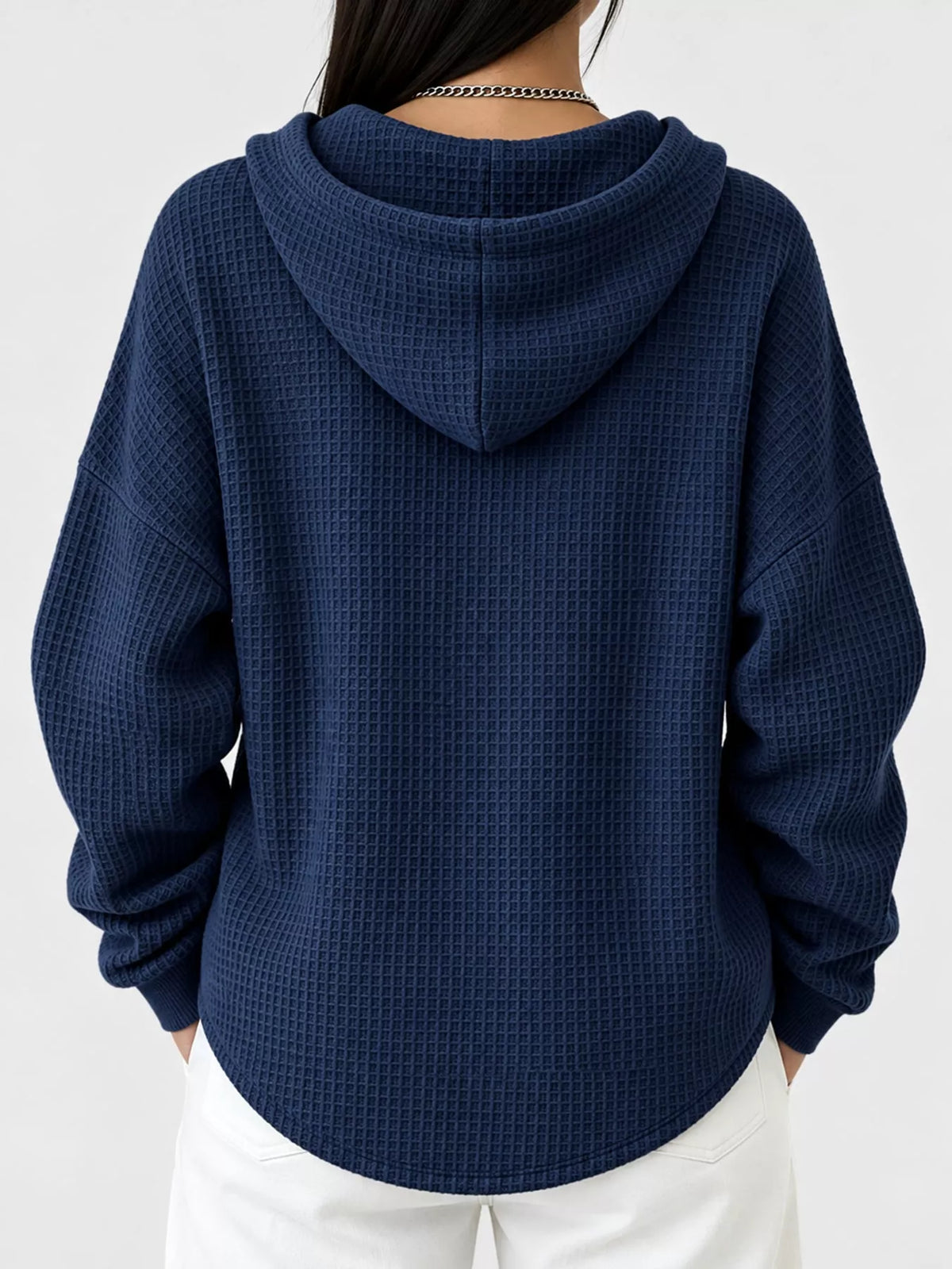 Full Size Waffle Knit Button Detail Hoodie Plus Size - Dark Blue - View 37