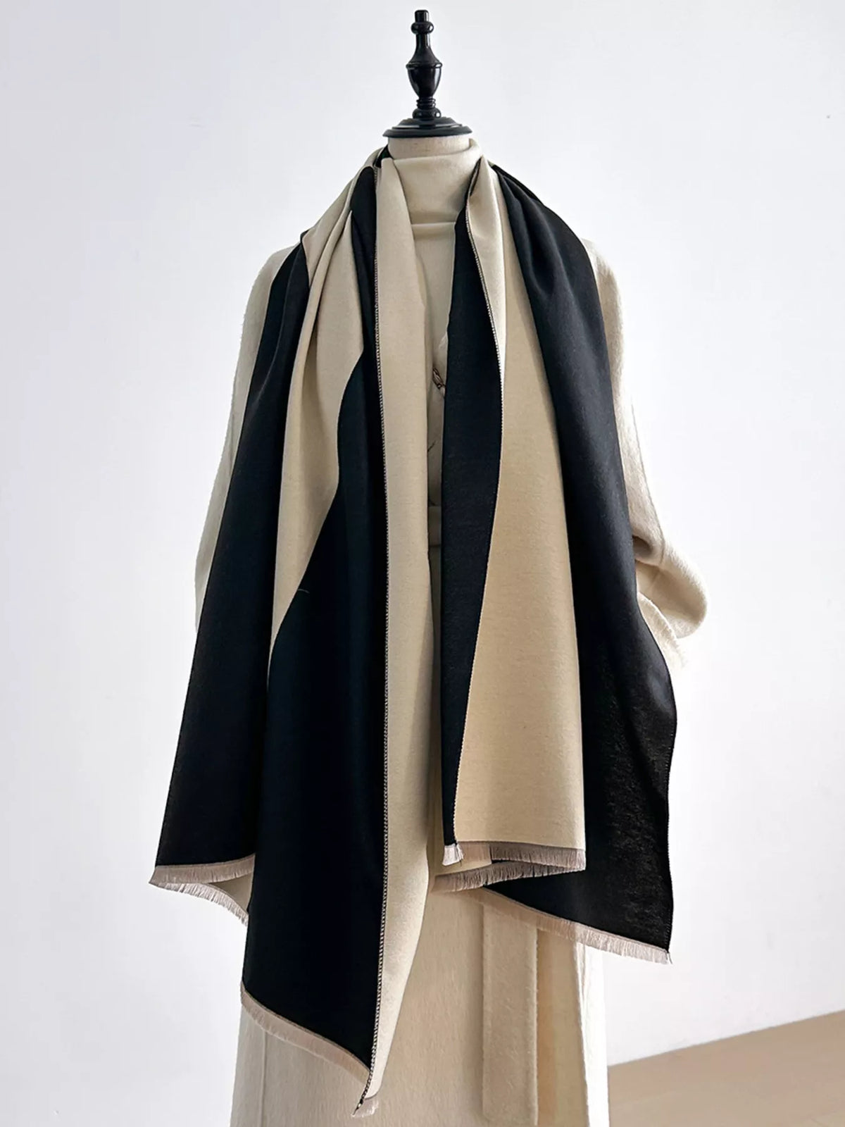 Two-Tone Raw Hem Scarf - Black - View 3