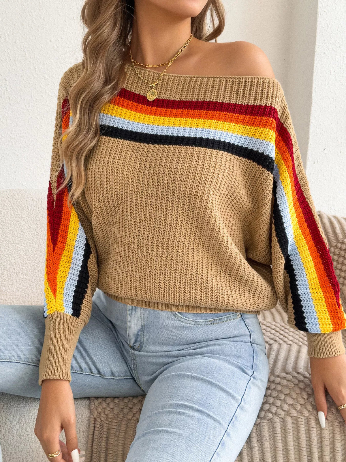 Striped Knit Boat Neck Sweater - Camel - View 4