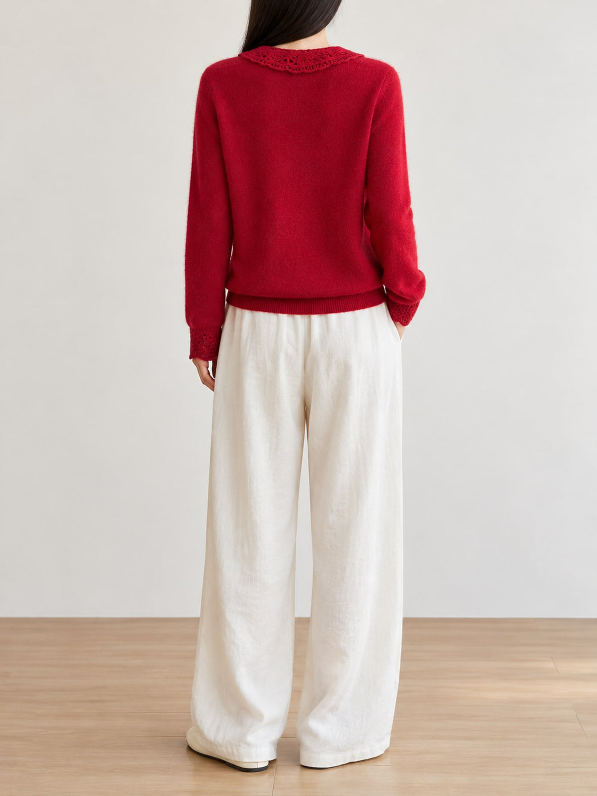 Lace-Collar Button Down Knit Cardigan - Cherry Red - View 31