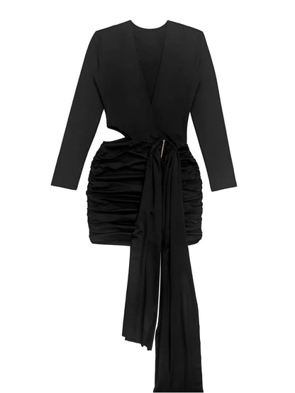 Cutout Deep V-Neck Long Sleeve Ruched Bodycon Mini Dress - Black - View 6