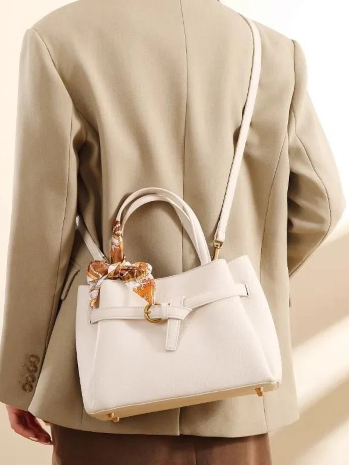 Leather Top Handle Handbag - White - View 1