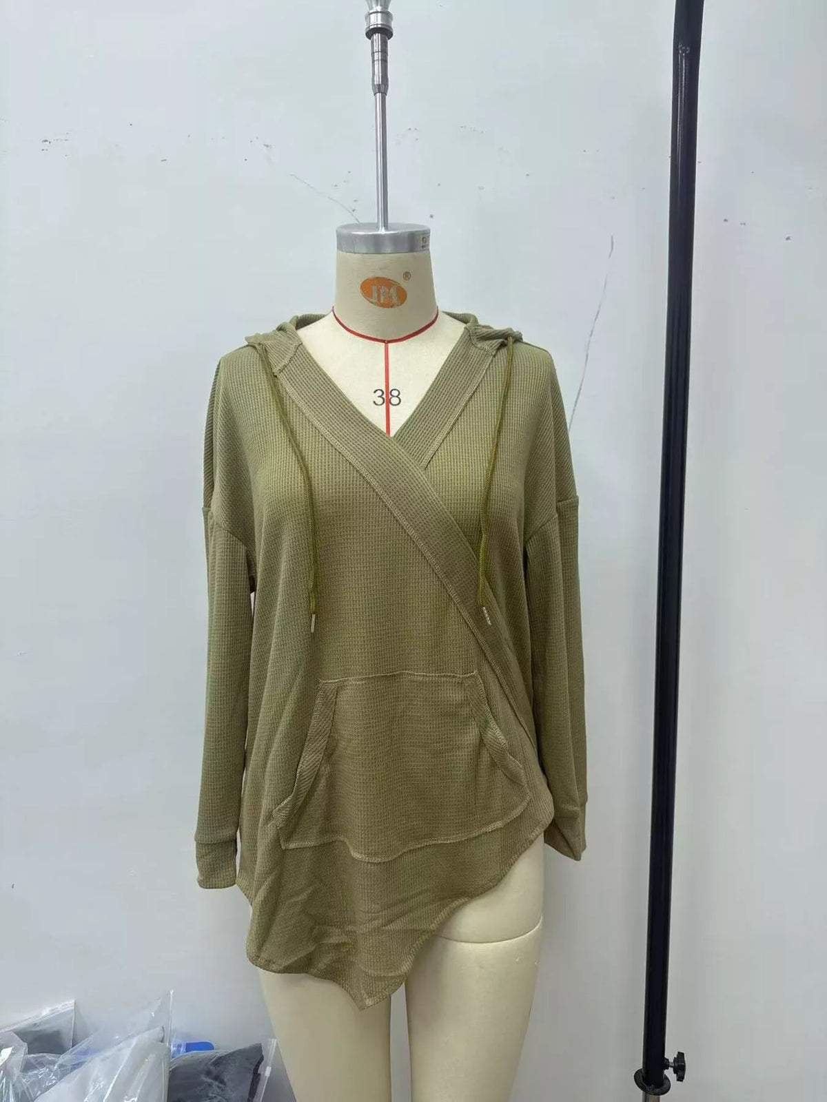 Drawstring Waffle Knit Hoodie - Moss - View 2