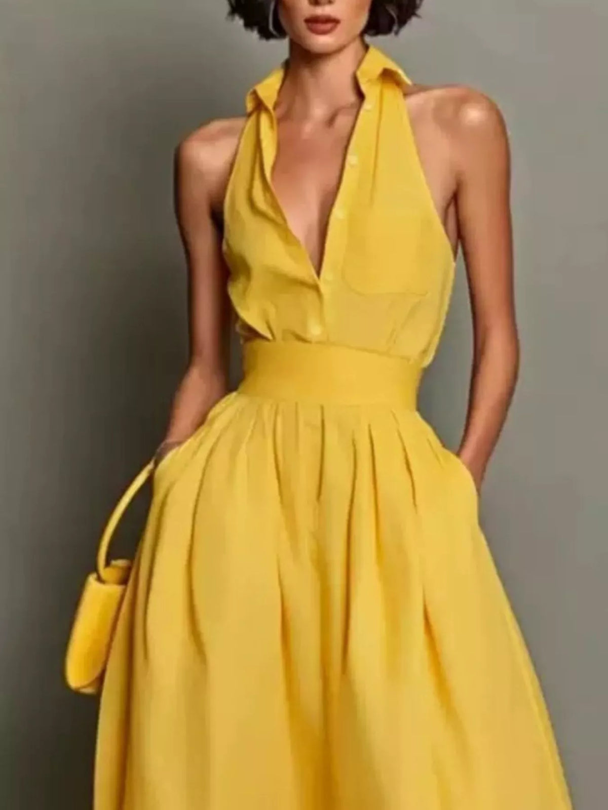 Sleeveless Collared A-Line Midi Dress - Yellow - View 2