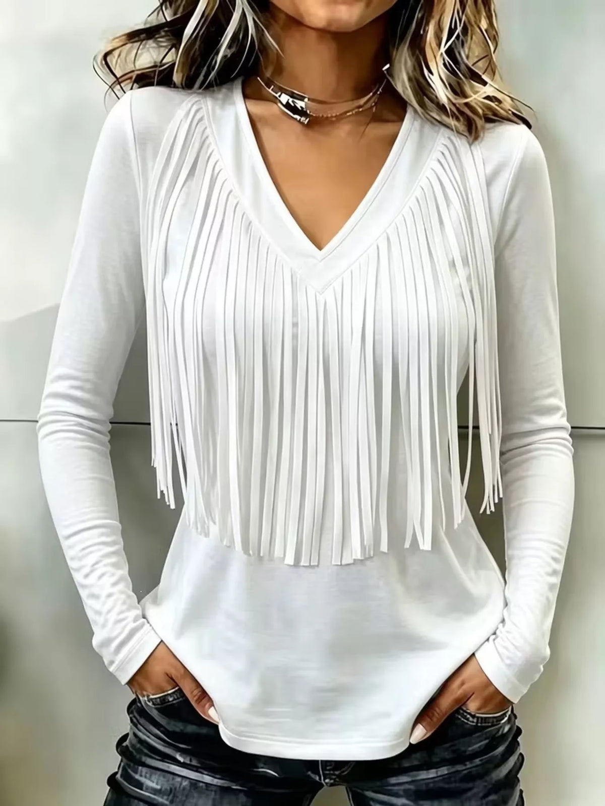 Fringe V-Neck Long Sleeve T-Shirt - White - View 1