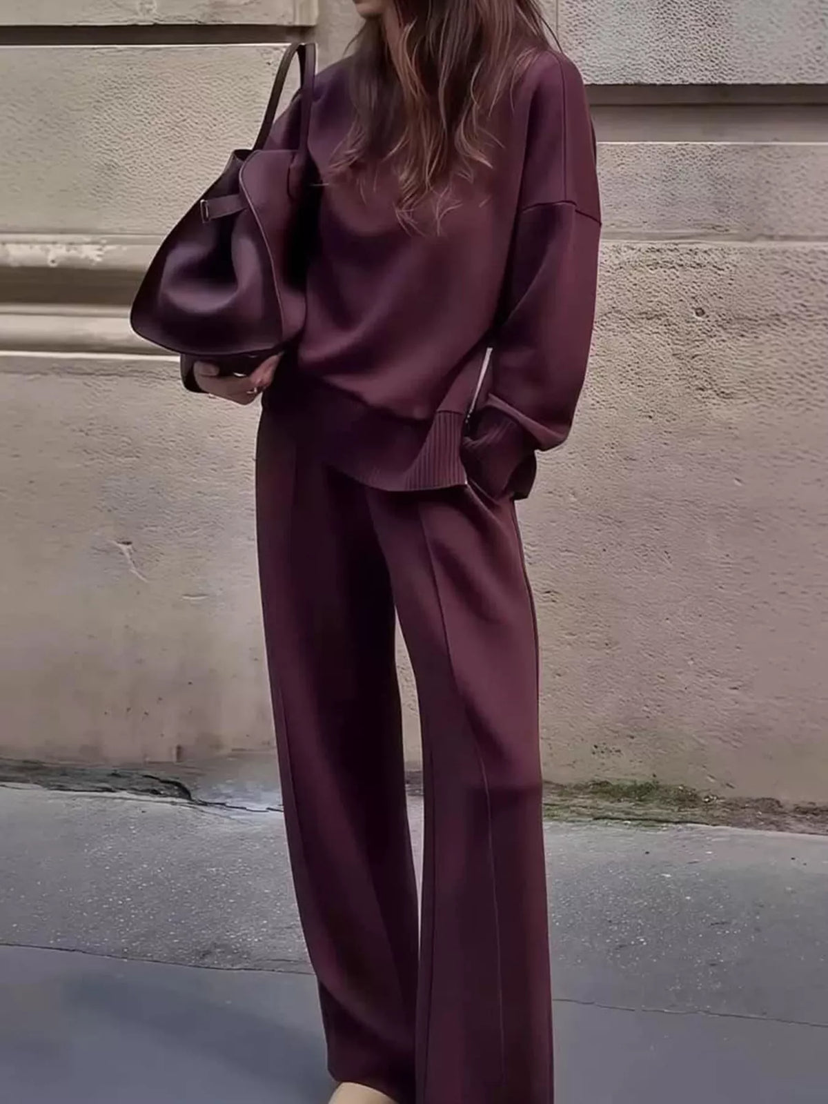 Dropped Shoulder Sweatshirt and Wide-Leg Pants Set - Burgundy - View 1