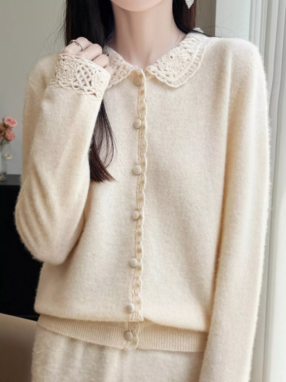 Lace-Collar Button Down Knit Cardigan - Beige - View 6