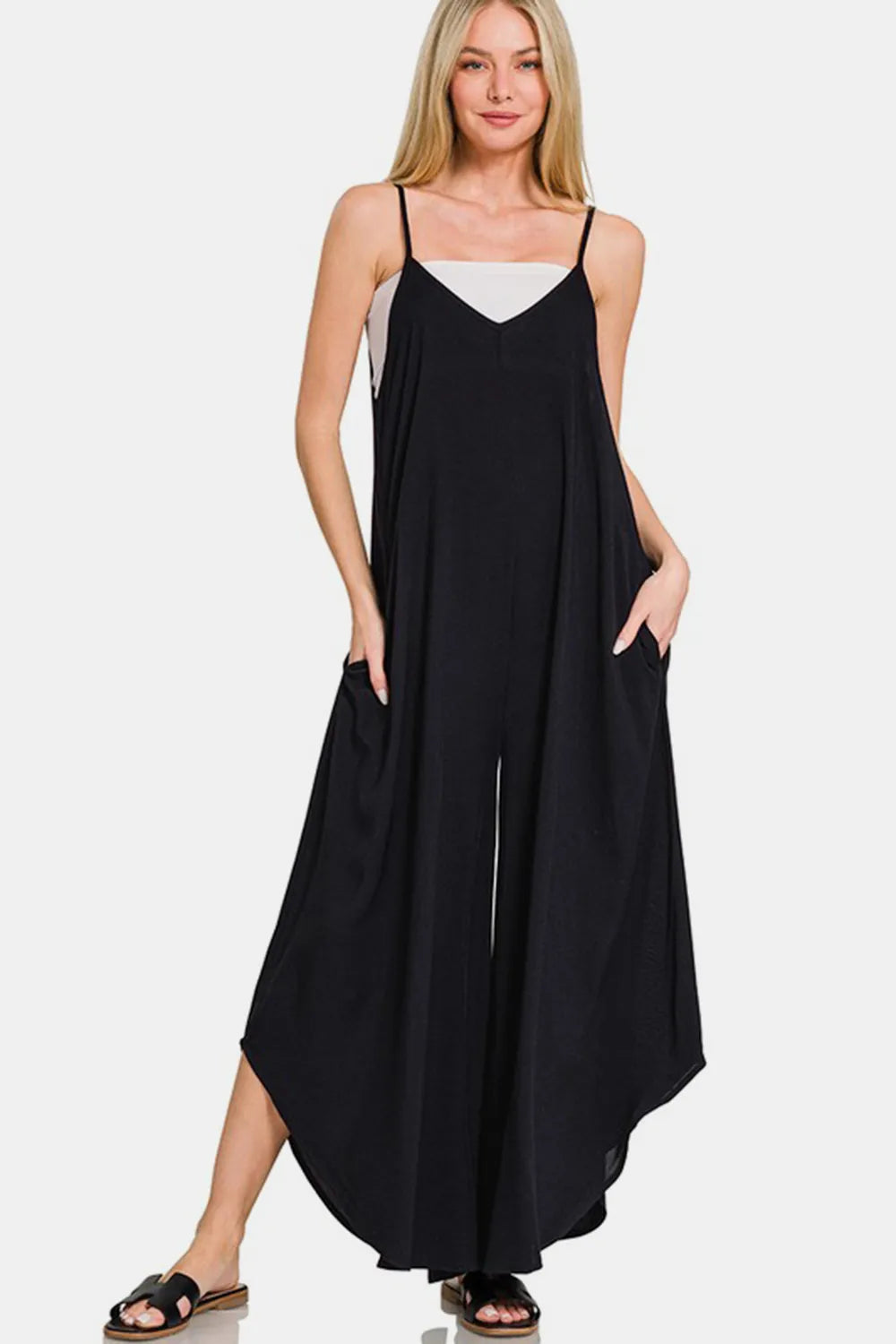 Zenana Spaghetti Strap Wide Leg Overalls with Pockets - Black - View 1