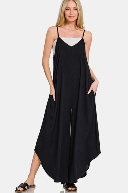 Zenana Spaghetti Strap Wide Leg Overalls with Pockets - Black - View 1
